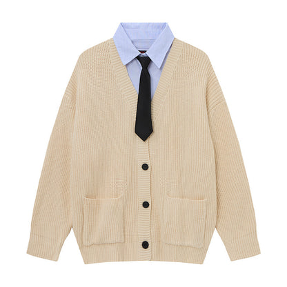 Prep Layer | Knit Cardigan with Shirt & Tie Detail