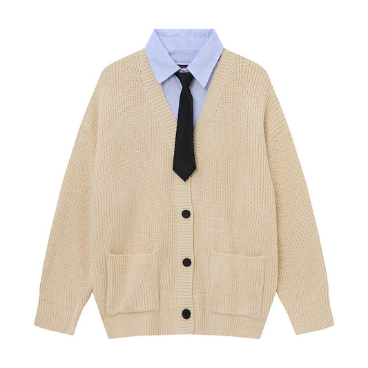 Prep Layer | Knit Cardigan with Shirt & Tie Detail