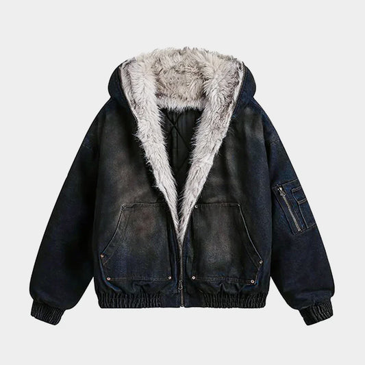 Washed Denim Fur | Hooded Jacket - Santo 
