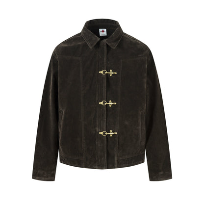 Retro Unique Metal Button Lapel Suede Bomber Jacket
