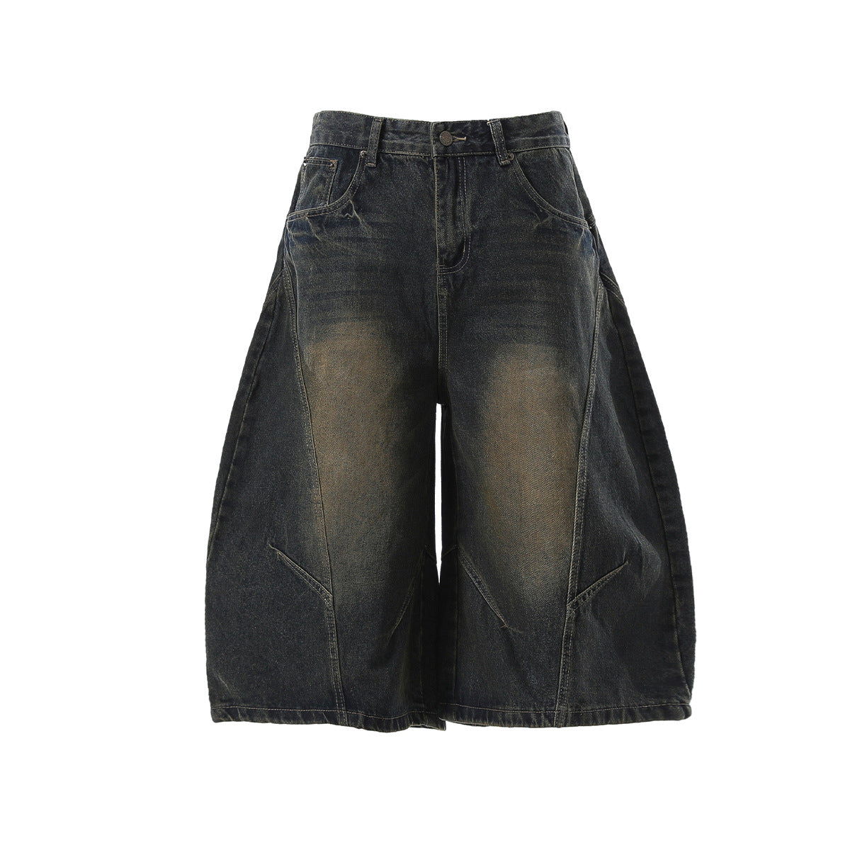 Curved Silhouette 3D Paneled Denim Shorts - Santo 