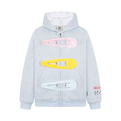 Detachable Hair Clip Decoration Zip Up Hoodie - Santo 