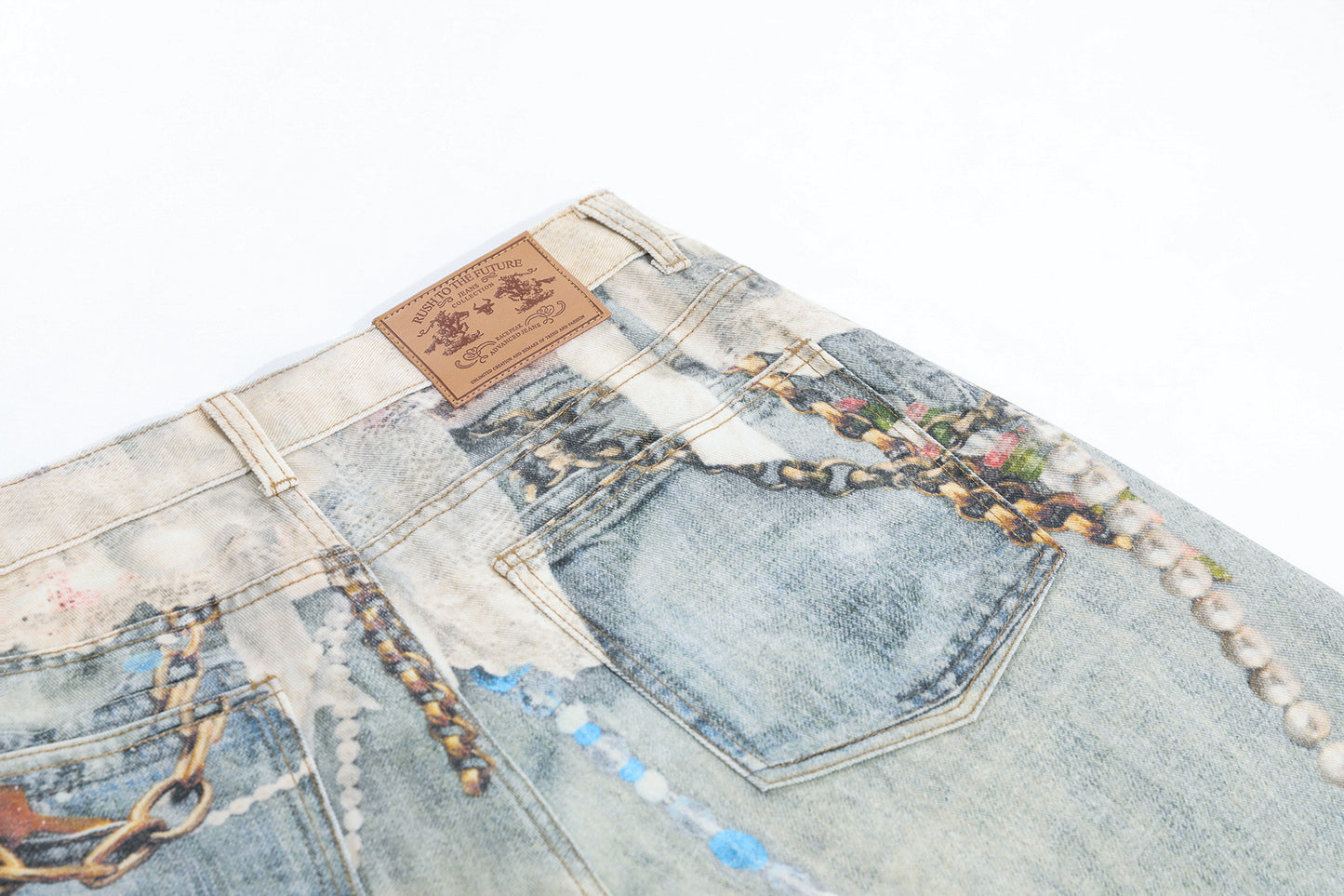 Jewelry Pearl Graphic Print 3D Effect Denim Shorts - Santo 