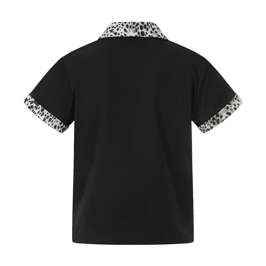 Leopard Trim Half Zip Polo T-Shirt