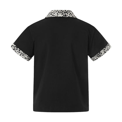 Leopard Trim Half Zip Polo T-Shirt