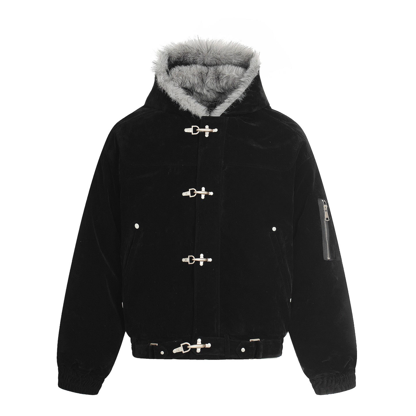 Streetwear Metal Clip Faux Fur Hooded Suede Bomber Jacket - Santo 