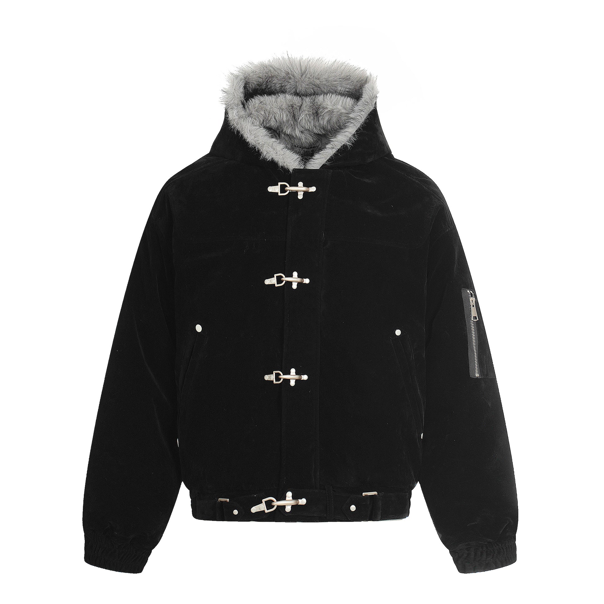 Streetwear Metal Clip Faux Fur Hooded Suede Bomber Jacket - Santo 