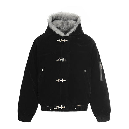 Streetwear Metal Clip Faux Fur Hooded Suede Bomber Jacket - Santo 
