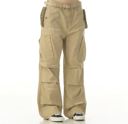 Cotton Hole Patch Pleated Multi-Pocket Cargo Casual Pants