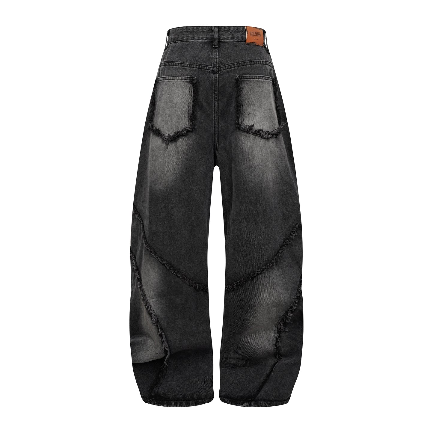 Washed Distressed Raw Edge Barrel Jeans