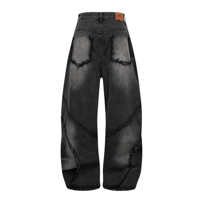 Washed Distressed Raw Edge Barrel Jeans
