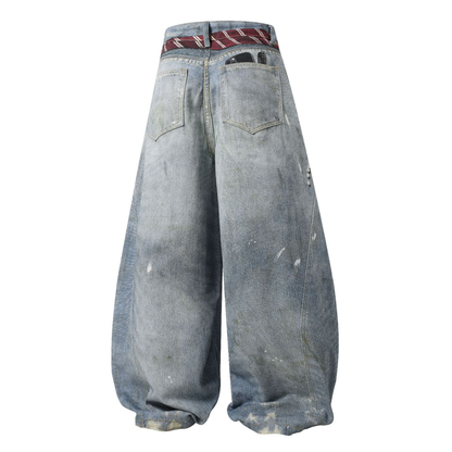 Tie Graphic Print Vintage Wash Wide Leg Denim Jeans