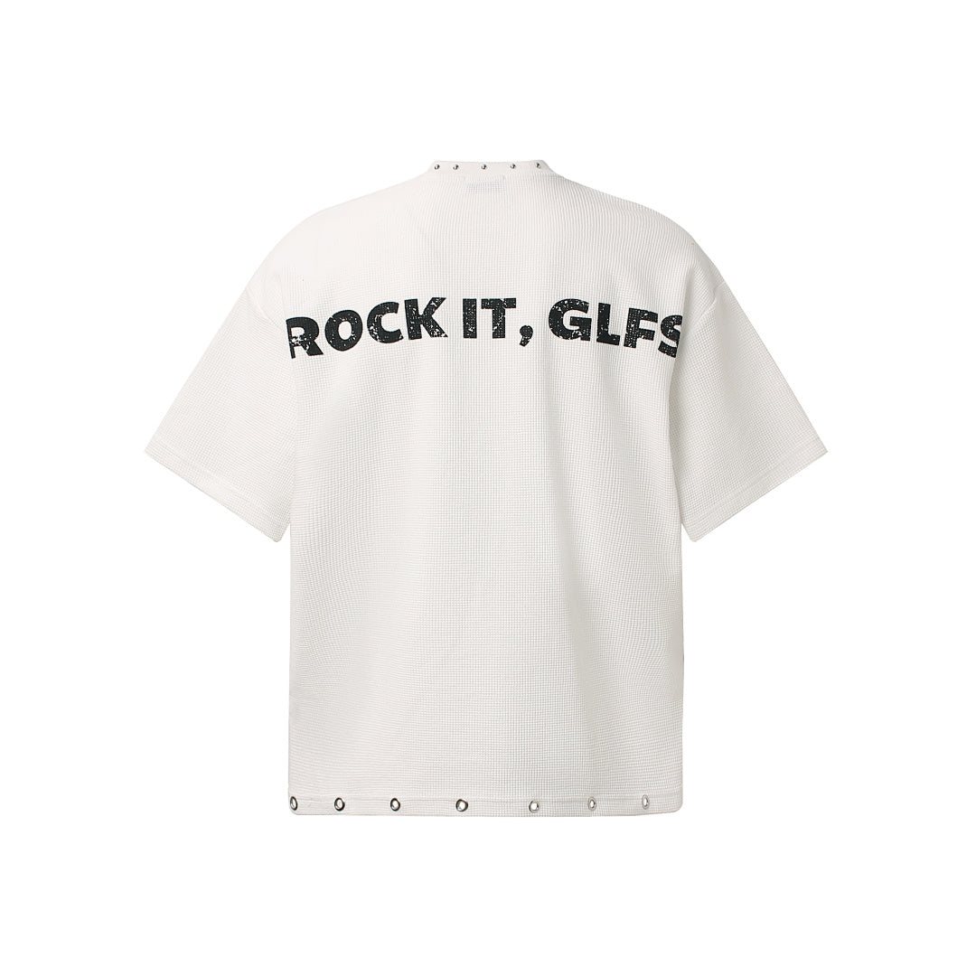Oversized Newspaper Print Grommet Detail T-Shirt