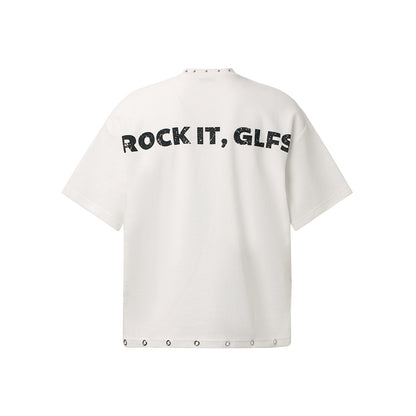 Oversized Newspaper Print Grommet Detail T-Shirt