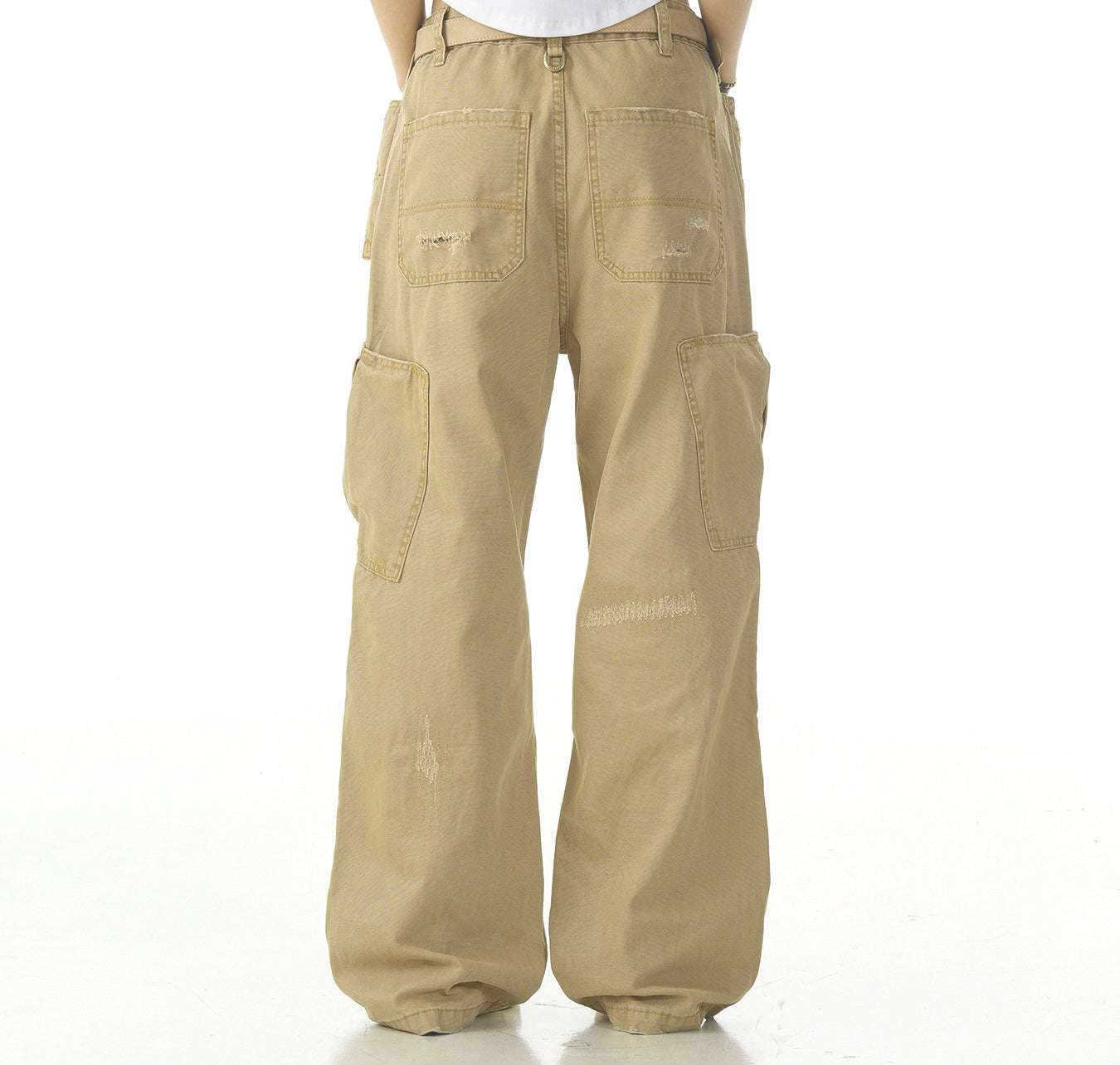 Cotton Hole Patch Pleated Multi-Pocket Cargo Casual Pants