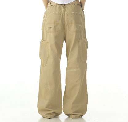 Cotton Hole Patch Pleated Multi-Pocket Cargo Casual Pants