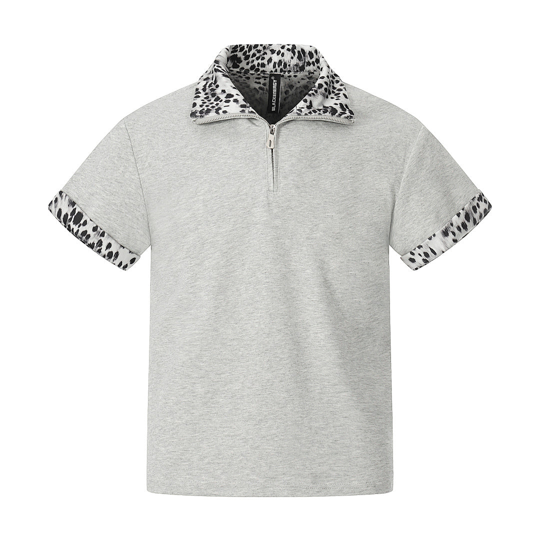 Leopard Trim Half Zip Polo T-Shirt