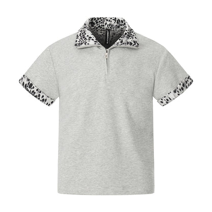 Leopard Trim Half Zip Polo T-Shirt