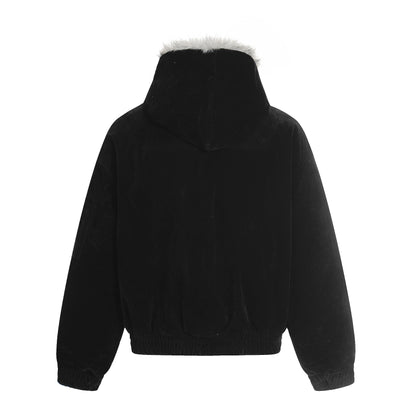 Streetwear Metal Clip Faux Fur Hooded Suede Bomber Jacket - Santo 