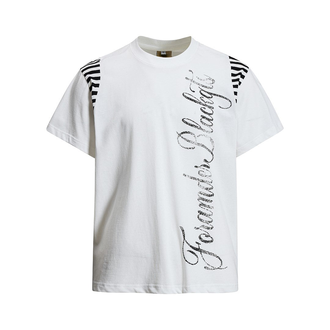 Streetwear Script Print Striped Patchwork T-Shirt