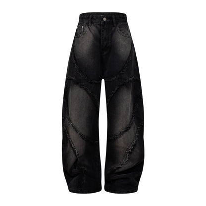 Washed Distressed Raw Edge Barrel Jeans