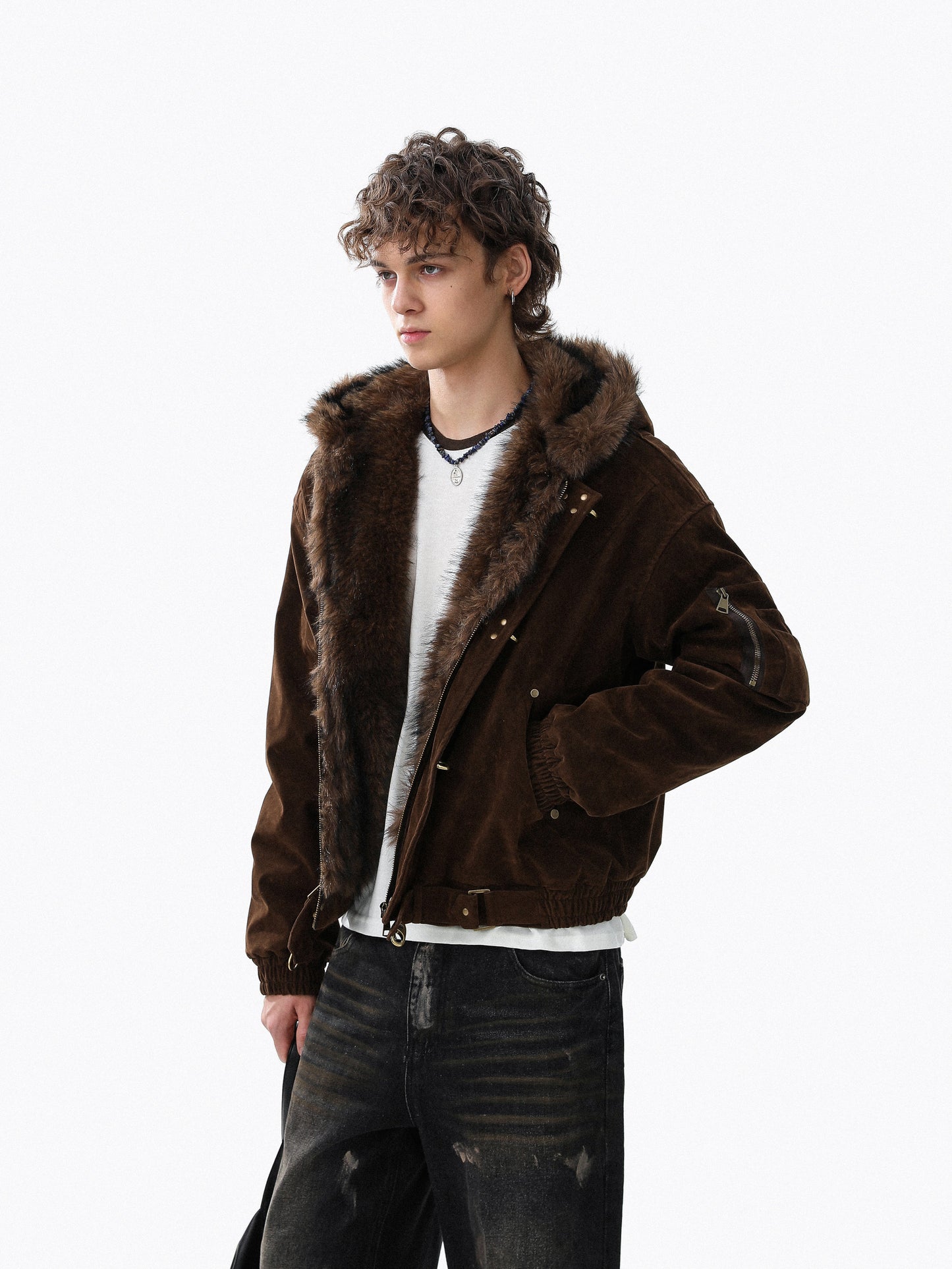 Streetwear Metal Clip Faux Fur Hooded Suede Bomber Jacket - Santo 