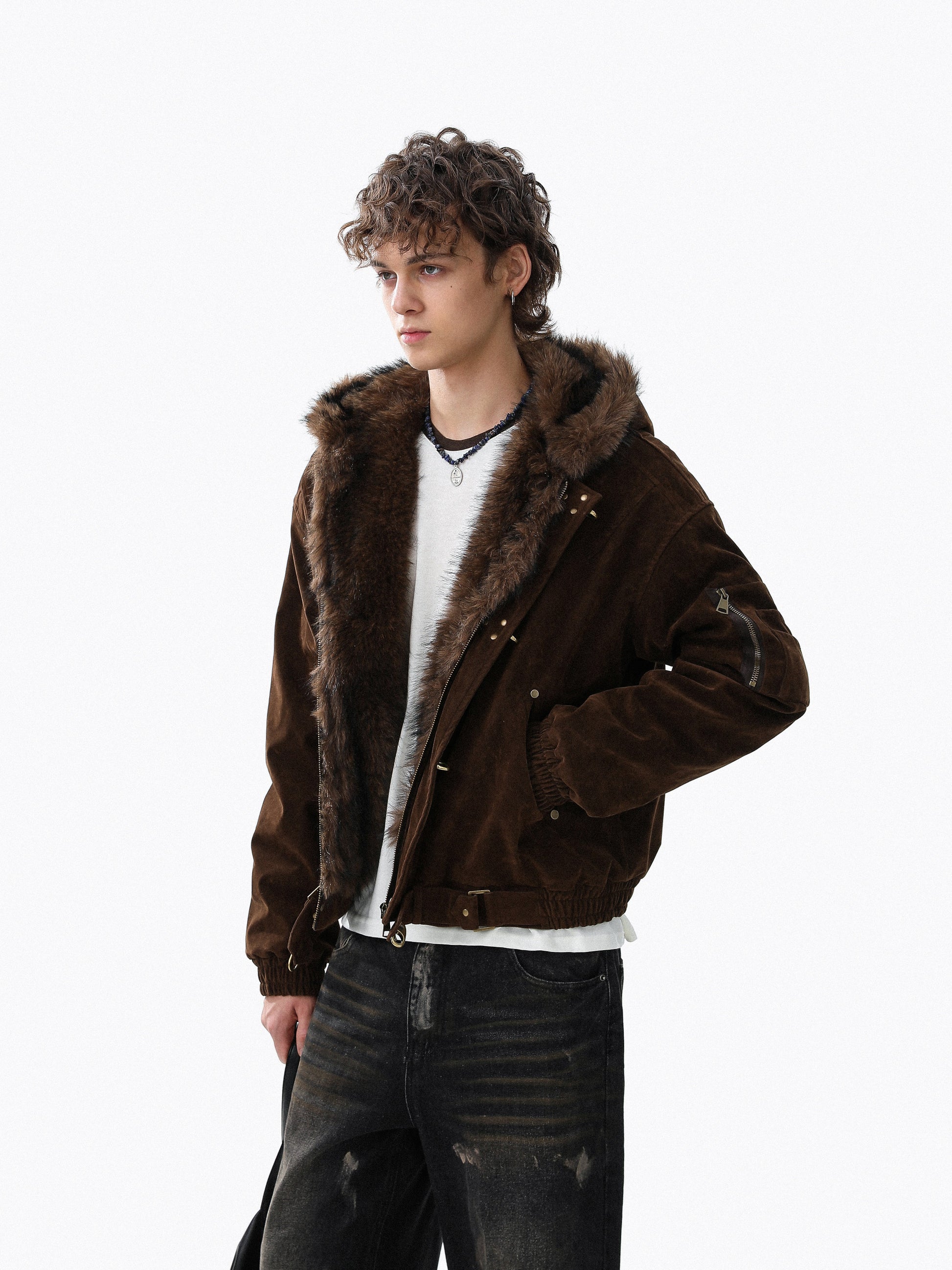 Streetwear Metal Clip Faux Fur Hooded Suede Bomber Jacket - Santo 