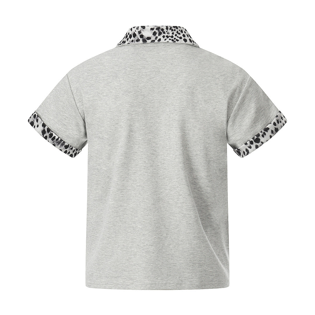 Leopard Trim Half Zip Polo T-Shirt