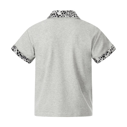 Leopard Trim Half Zip Polo T-Shirt