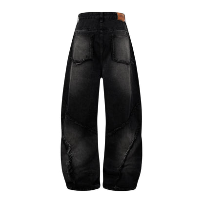 Washed Distressed Raw Edge Barrel Jeans