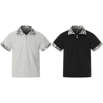 Leopard Trim Half Zip Polo T-Shirt