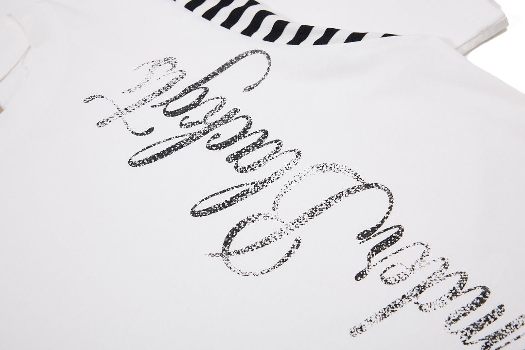 Streetwear Script Print Striped Patchwork T-Shirt