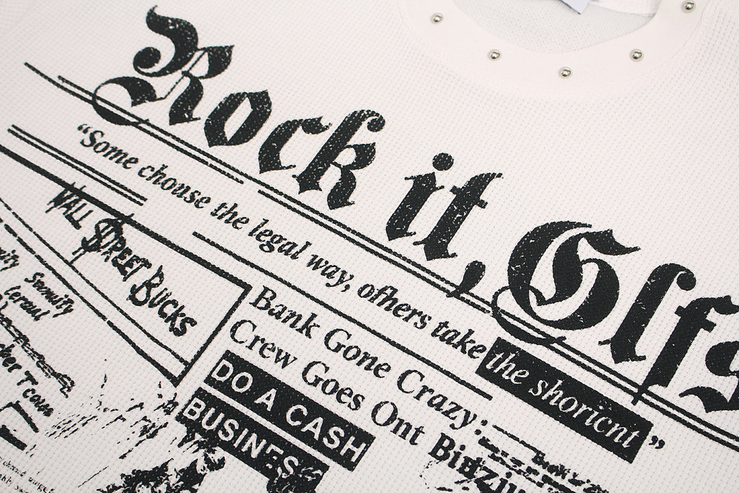 Oversized Newspaper Print Grommet Detail T-Shirt