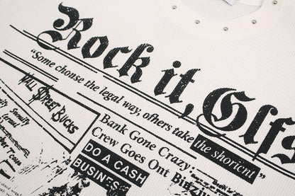 Oversized Newspaper Print Grommet Detail T-Shirt