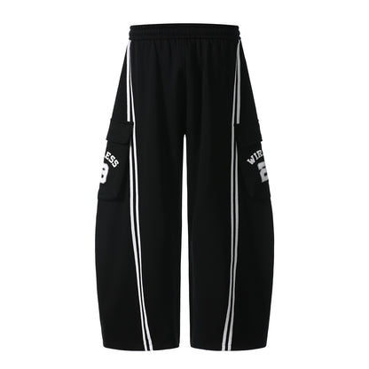 Cotton Web Stitching Letter Print Drawstring Barrel Pants