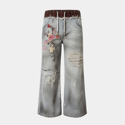 Plaid Waist Doll Print | Distressed Jeans - Santo 