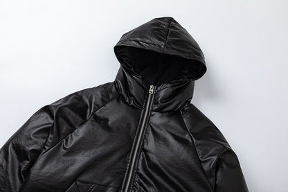 Leather Hooded | Zip-Up Puffer Jacket