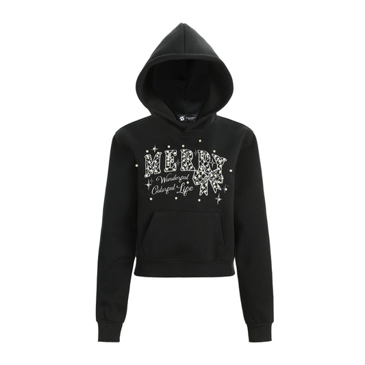 Merry Charm | Cropped Hoodie with Bow Print