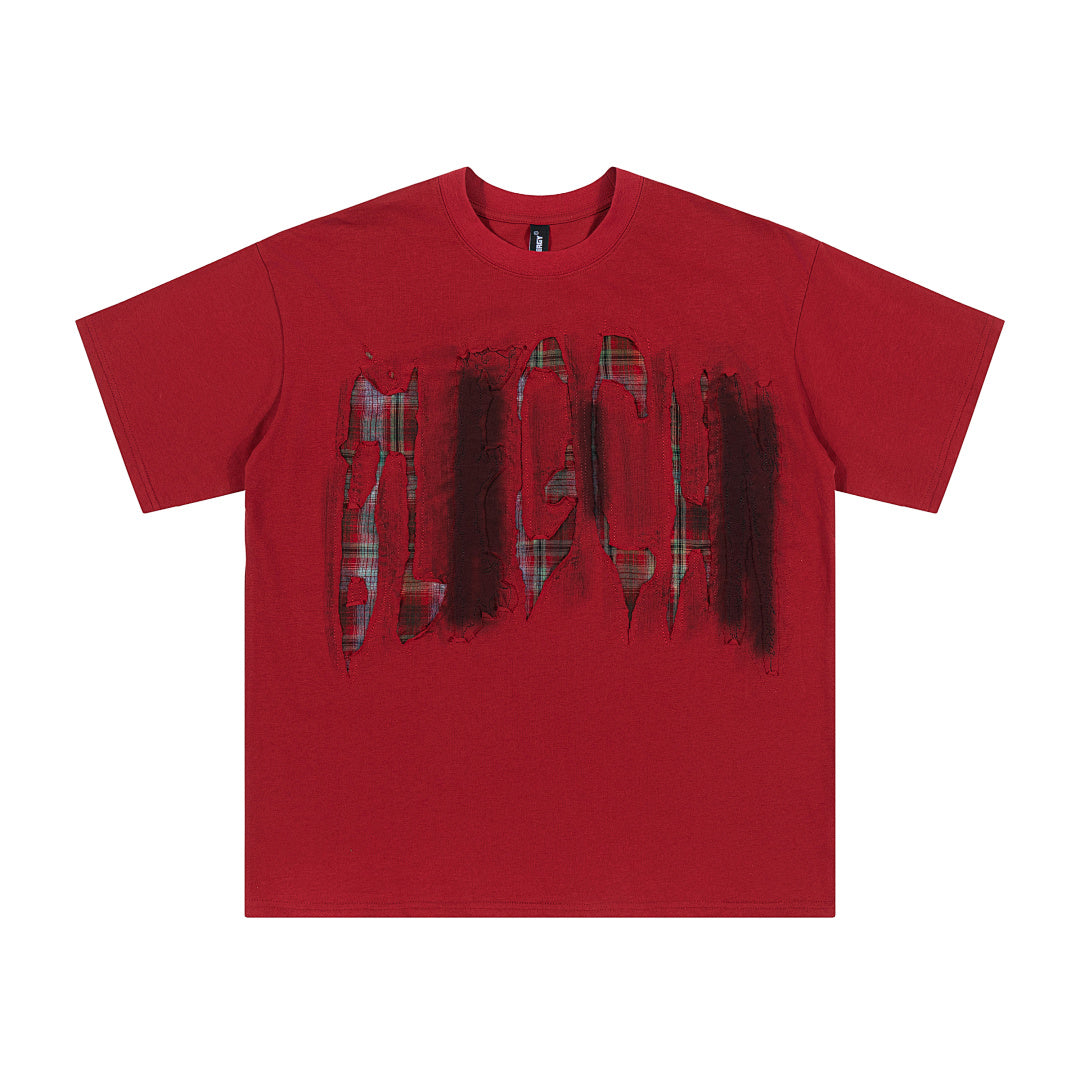 Oversized Plaid Patchwork Distressed T-Shirt