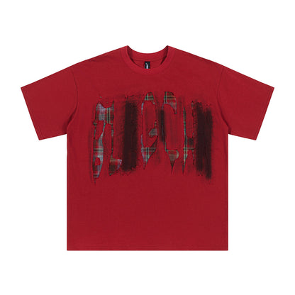 Oversized Plaid Patchwork Distressed T-Shirt