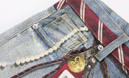 Tie Graphic Print Vintage Wash Wide Leg Denim Jeans