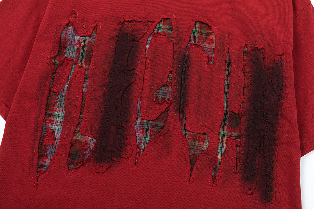Oversized Plaid Patchwork Distressed T-Shirt