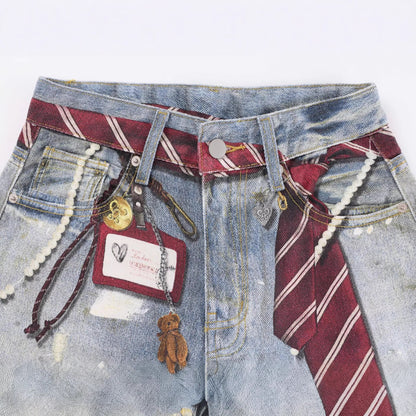 Tie Graphic Print Vintage Wash Wide Leg Denim Jeans