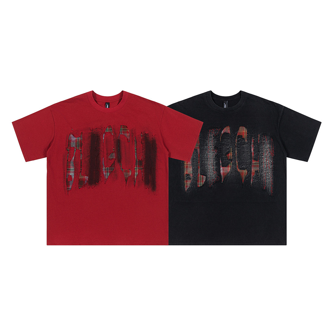 Oversized Plaid Patchwork Distressed T-Shirt