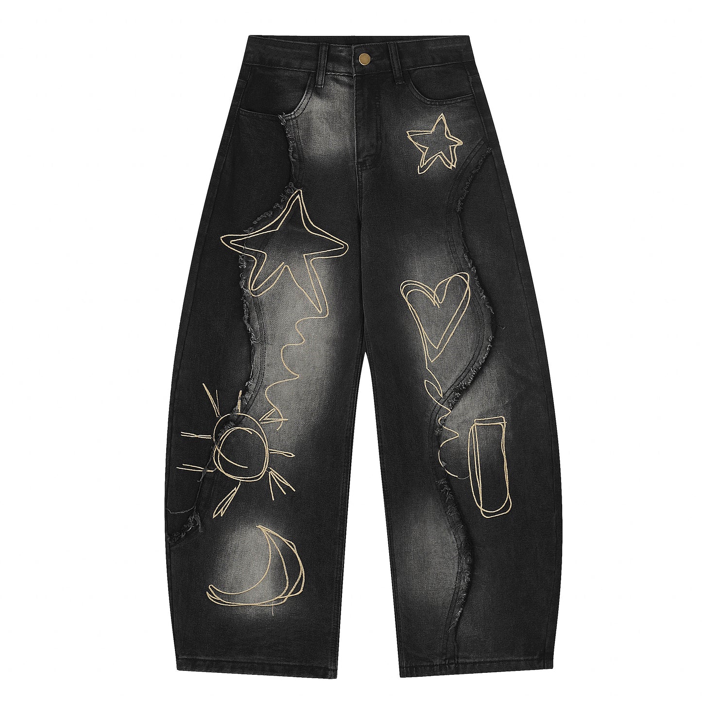 Vintage Embroidered Washed Raw-Edge Graffiti Scimitar Jeans