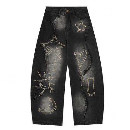 Vintage Embroidered Washed Raw-Edge Graffiti Scimitar Jeans
