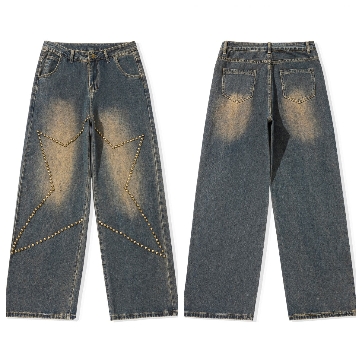 Jean en denim vintage délavé avec clous étoilés