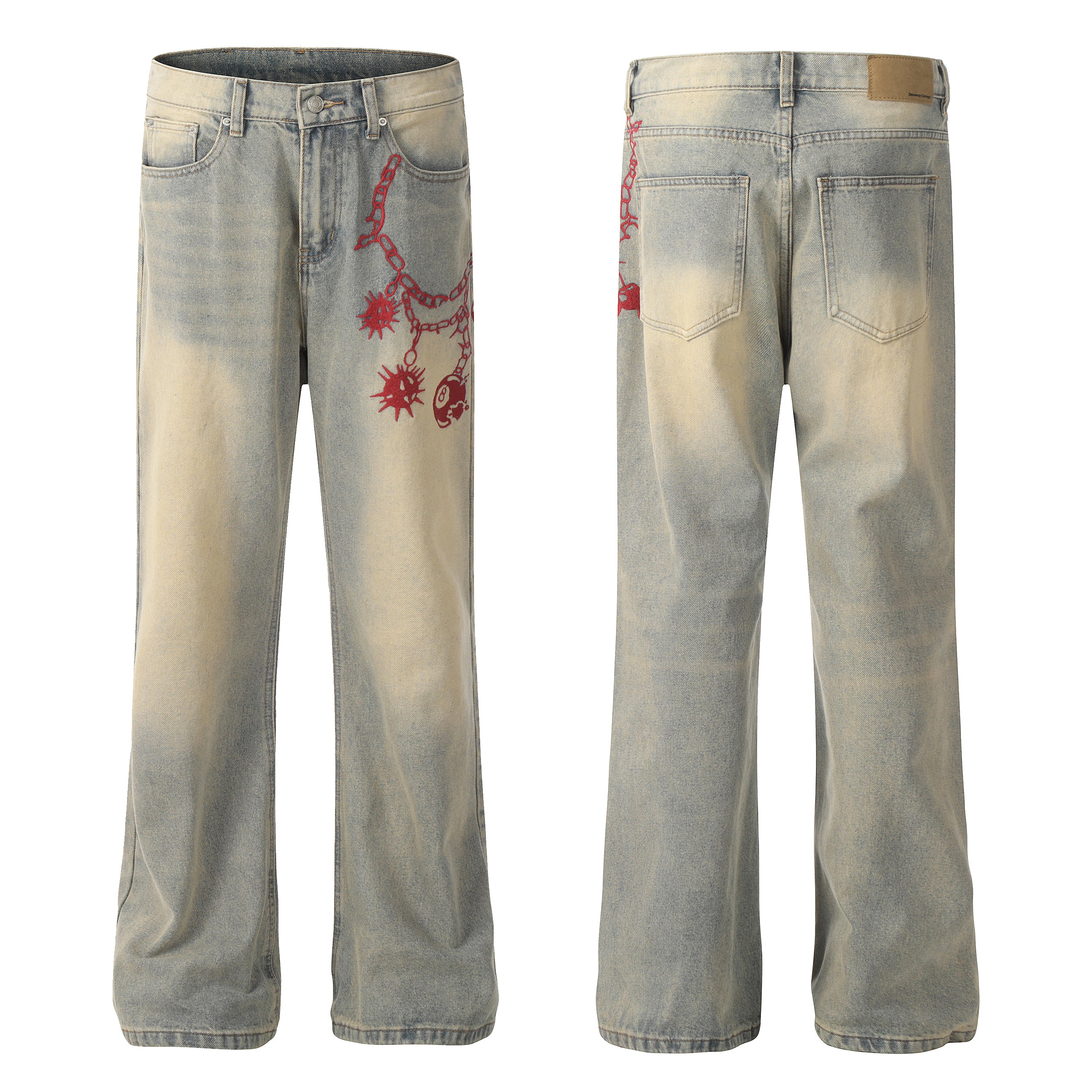 Red Chain | Faded Patterned Denim Jeans