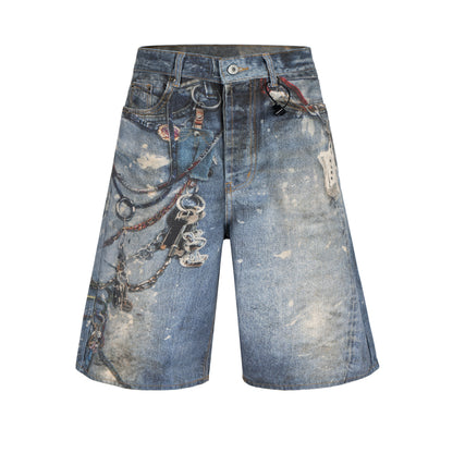 Distressed Keychain Print | Denim Shorts - Santo 
