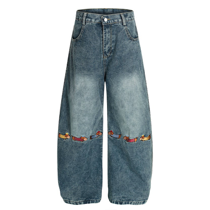Pup Parade | Playful Dog Embroidered Denim Pants - Santo 